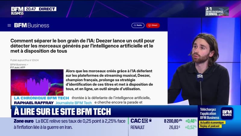 À lire sur le site Tech&Co : Comment séparer le bon grain de l’IA : Deezer lance un outil pour détecter les morceaux générés par l’intelligence artificielle et le met à disposition de tous, par Raphael Raffray - 11/06